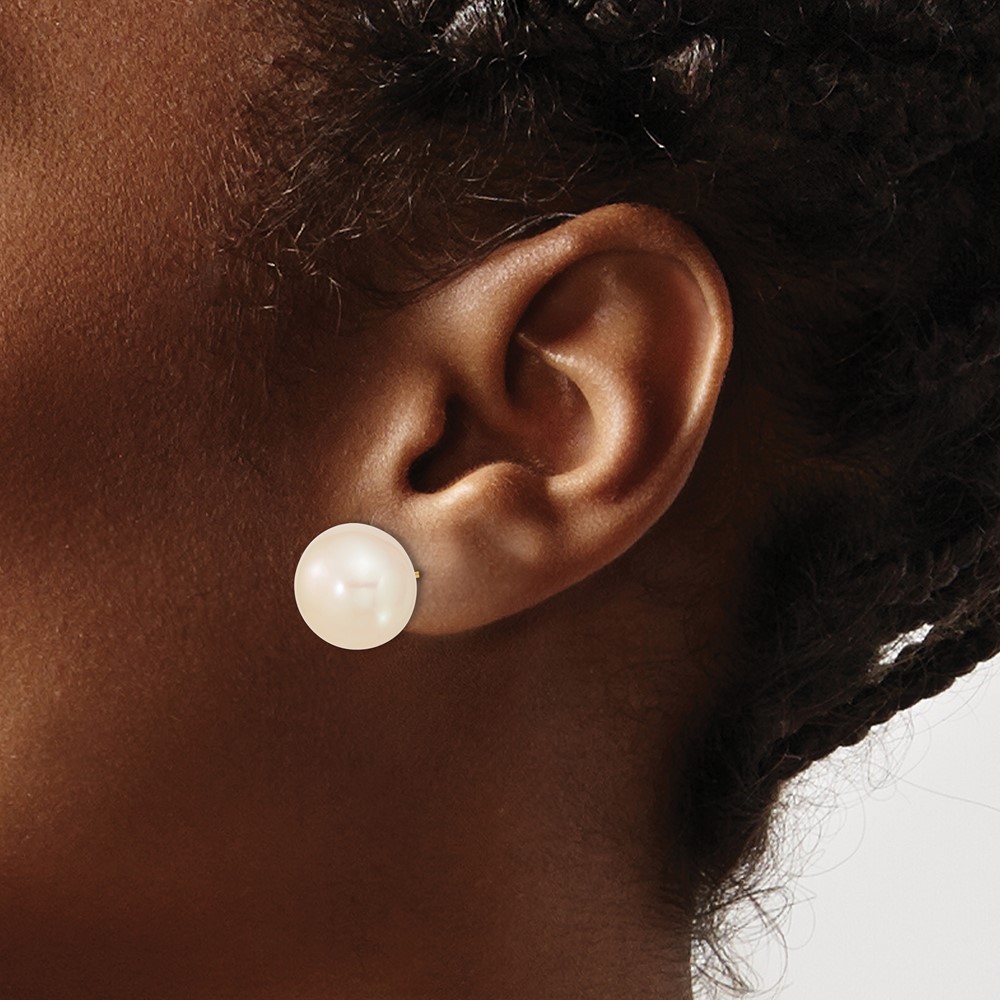10k 13-14mm White Button Freshwater Cultured Pearl Stud Post Earrings (10X130BW)