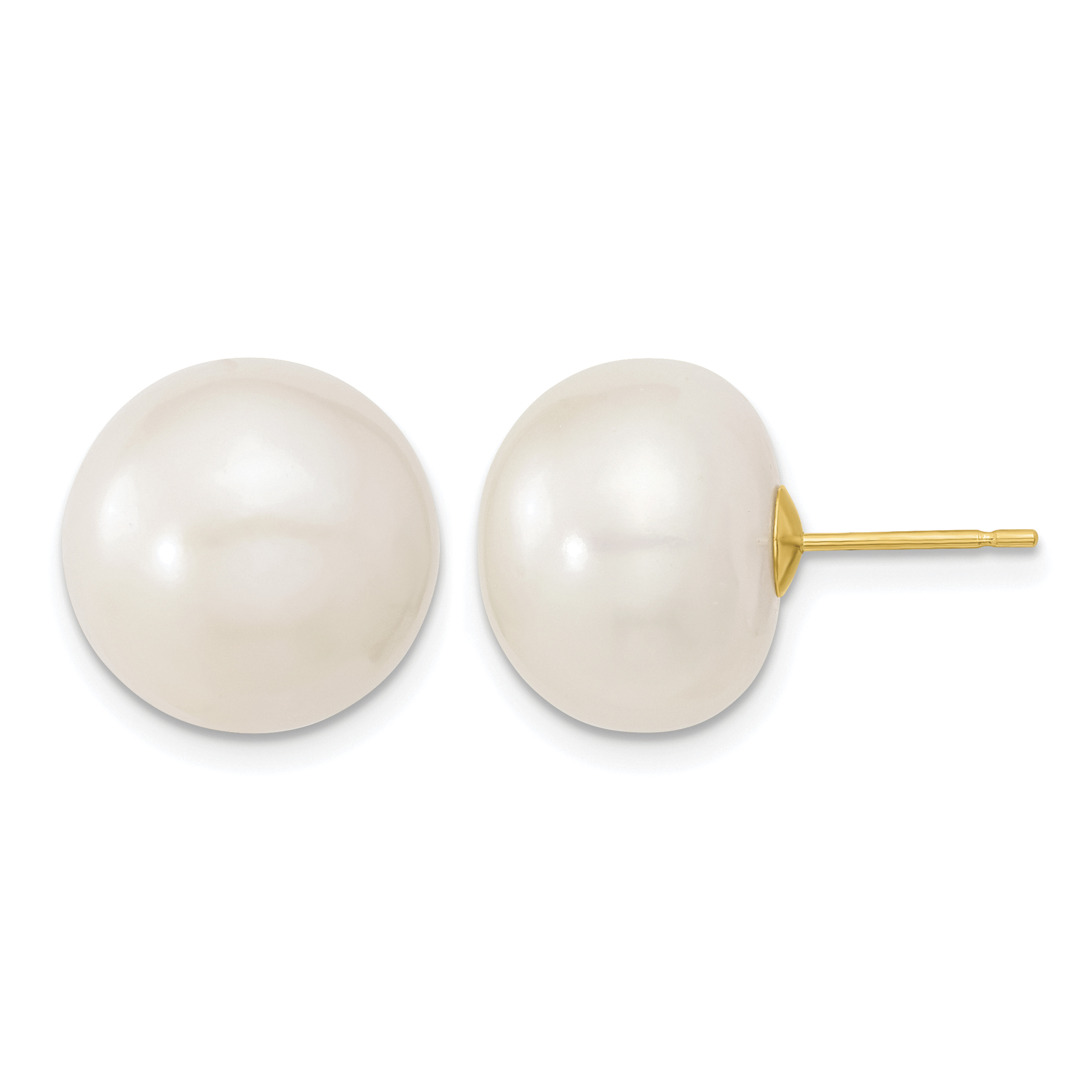 10k 13-14mm White Button Freshwater Cultured Pearl Stud Post Earrings (10X130BW)