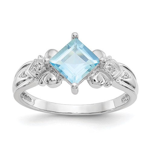 10K White Gold 6mm Princess Aquamarine and Diamond Ring