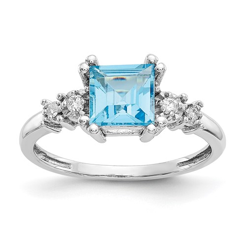 10K White Gold 0.05 Carat Diamond and 6mm Princess Blue Topaz Ring
