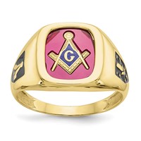IB Goodman 10K Yellow Gold Mens Polished and Textured Ring with Black Enamel and Lab Created Ruby Masonic view 1