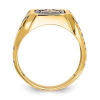 IB Goodman 10K Yellow Gold Mens Polished Antiqued and Grooved Ring with Imitation Blue Spinel Masonic view 2