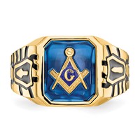 IB Goodman 10K Yellow Gold Mens Polished Antiqued and Grooved Ring with Imitation Blue Spinel Masonic view 4