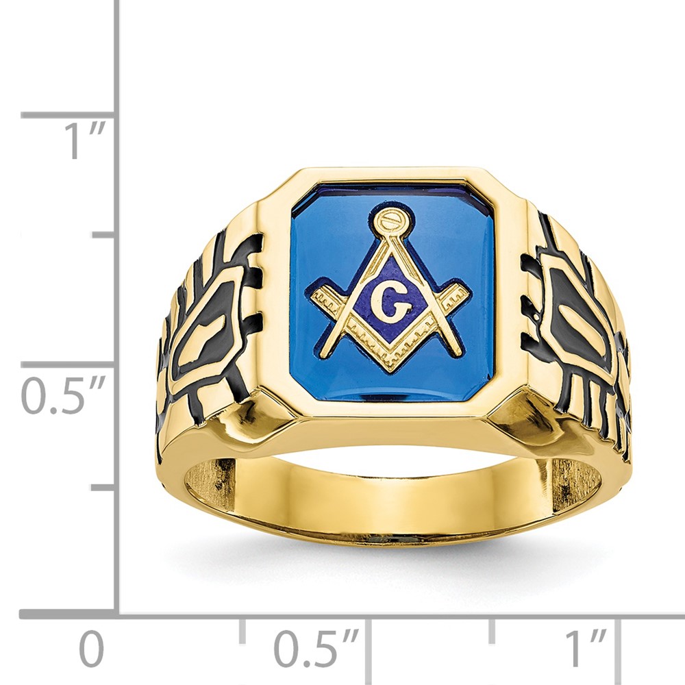 10k Men's Polished, Antiqued and Grooved with Imitation Blue Spinel Masonic Ring (10X27)