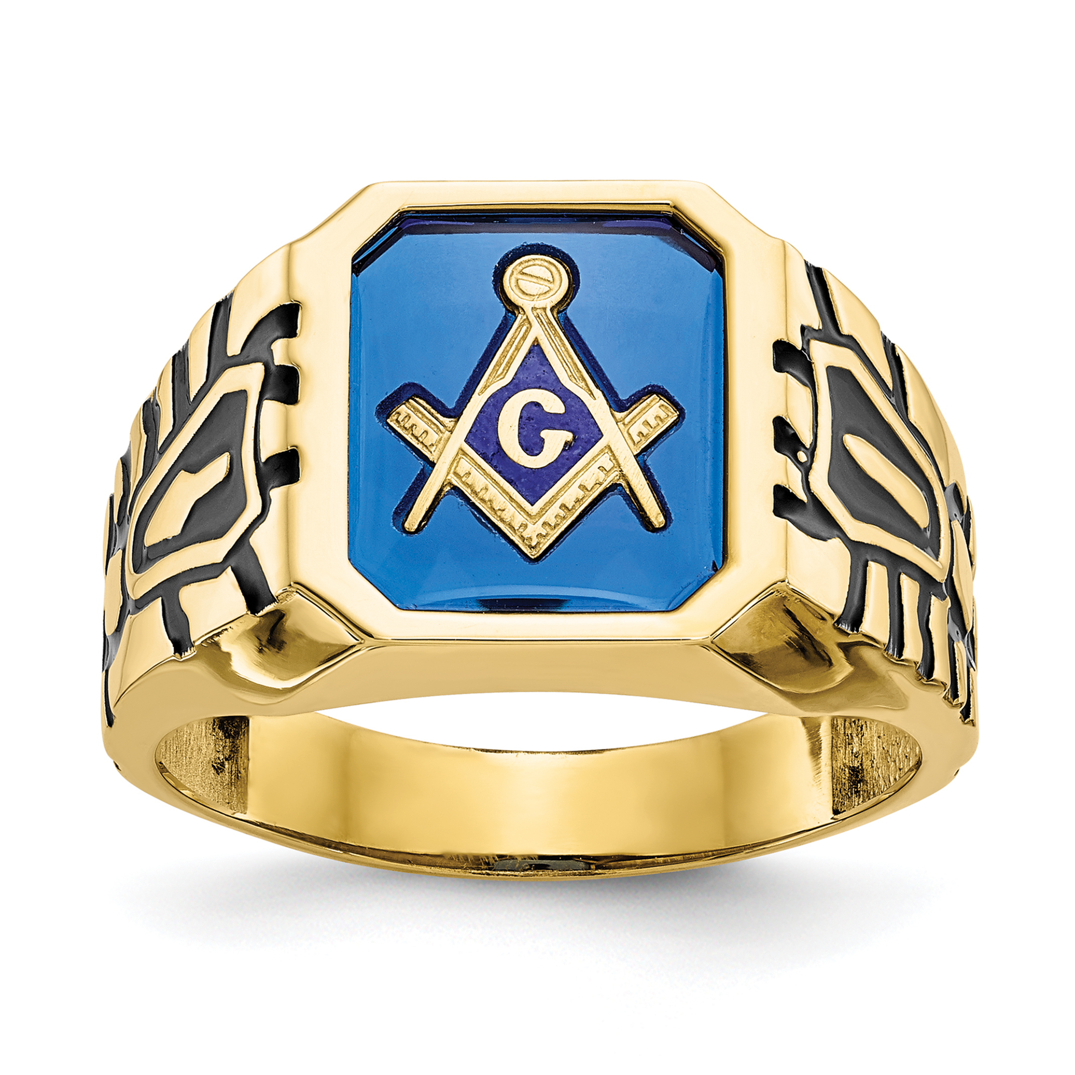 10k Men's Polished, Antiqued and Grooved with Imitation Blue Spinel Masonic Ring (10X27)