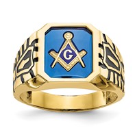 IB Goodman 10K Yellow Gold Mens Polished Antiqued and Grooved Ring with Imitation Blue Spinel Masonic view 1