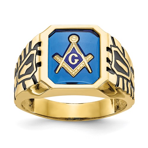 IB Goodman 10K Yellow Gold Mens Polished Antiqued and Grooved Ring with Imitation Blue Spinel Masonic