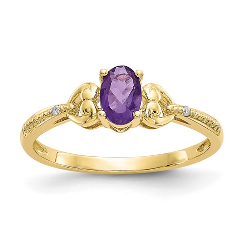 10K Yellow Gold 6x 4mm Oval February Amethyst and Diamond Ring, Size 7