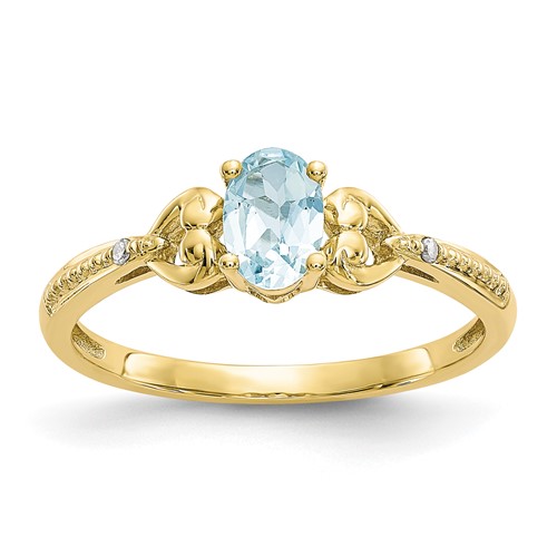10K Yellow Gold 6x 4mm Oval March Aquamarine and Diamond Ring