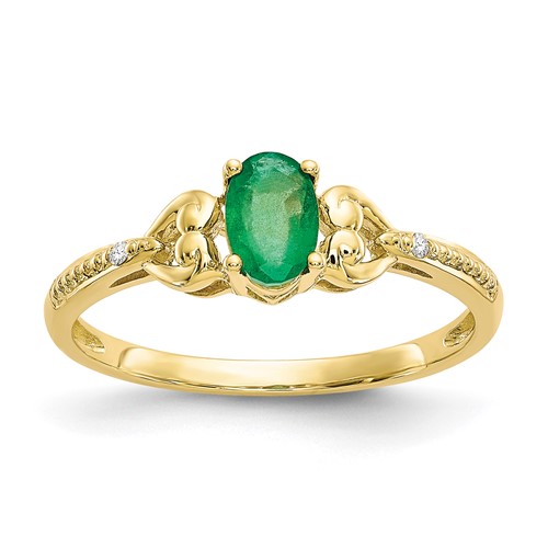 10K Yellow Gold 6x 4mm Oval May Emerald and Diamond Ring, Size 7