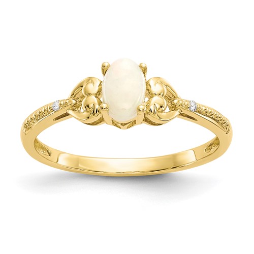 10K Yellow Gold 6x 4mm Oval October Opal and Diamond Ring