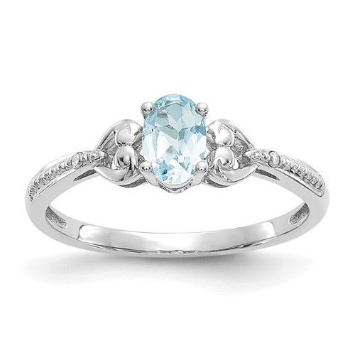 10K White Gold 6x 4mm Oval March Aquamarine and Diamond Ring, Size 7