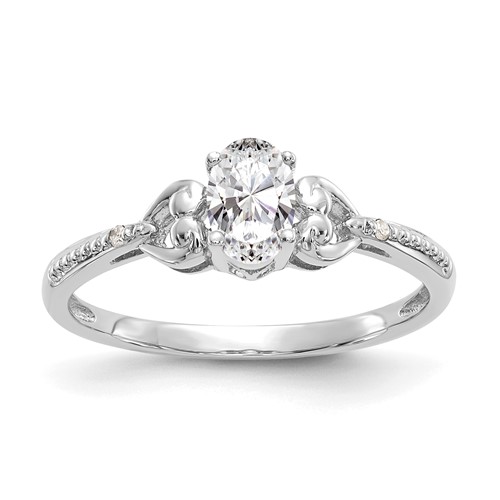 10K White Gold 6x 4mm Oval April White Topaz and Diamond Ring, Size 7