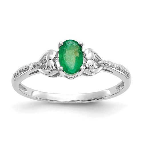 10K White Gold 6x 4mm Oval May Emerald and Diamond Ring, Size 7