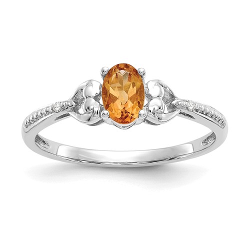 10K White Gold 6x 4mm Oval November Citrine and Diamond Ring, Size 7