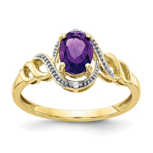 10K Yellow Gold 7x 5mm Oval February Amethyst and Diamond Ring, Size 7