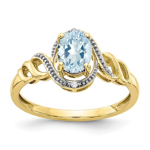 10K Yellow Gold 7x 5mm Oval March Aquamarine and Diamond Ring, Size 7
