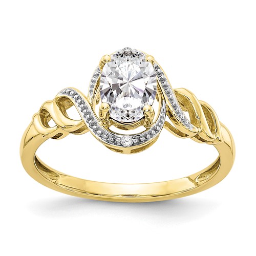 10K Yellow Gold 7x 5mm Oval April White Topaz and Diamond Ring, Size 7