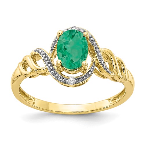10K Yellow Gold 7x 5mm Oval May Emerald and Diamond Ring, Size 7