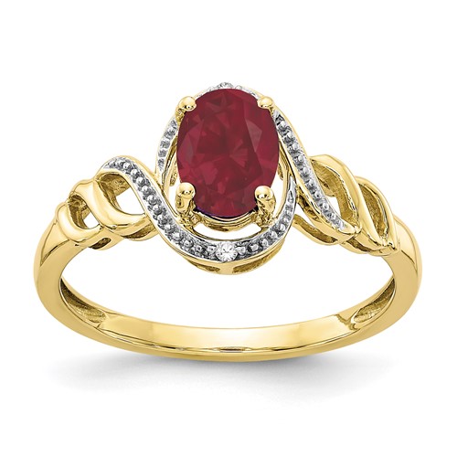 10K Yellow Gold 7x 5mm Oval July Ruby and Diamond Ring, Size 7
