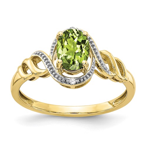 10K Yellow Gold 7x 5mm Oval August Peridot and Diamond Ring, Size 7