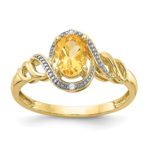 10K Yellow Gold 7x 5mm Oval November Citrine and Diamond Ring, Size 7