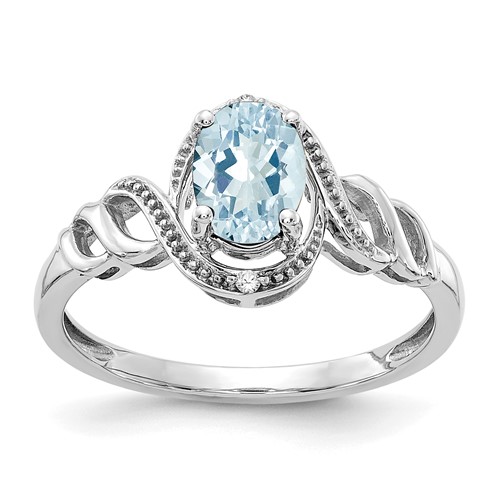 10K White Gold 7x 5mm Oval March Aquamarine and Diamond Ring, Size 7
