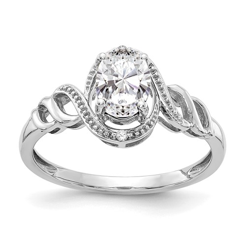 10K White Gold 7x 5mm Oval April White Topaz and Diamond Ring, Size 7