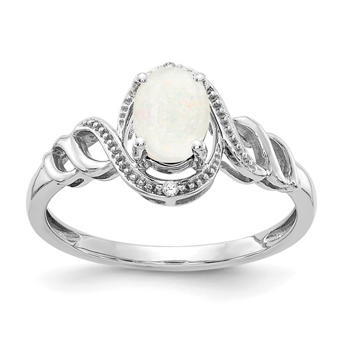 10K White Gold 7x 5mm Oval October Opal and Diamond Ring, Size 7