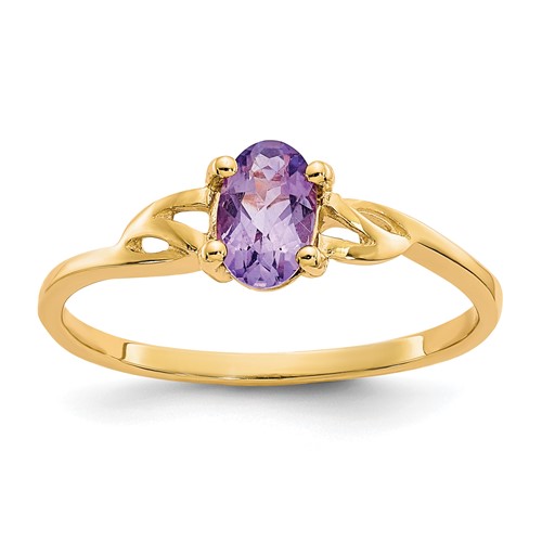 10K Yellow Gold Polished 6x 4mm Oval Genuine February Amethyst Birthstone Ring, Size 7