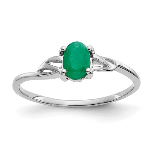 10K White Gold Polished 6x 4mm Oval Genuine May Emerald Birthstone Ring, Size 7