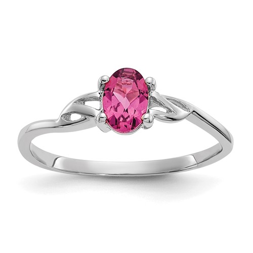 10K White Gold Polished 6x 4mm Oval Genuine October Pink Tourmaline Birthstone Ring, Size 7
