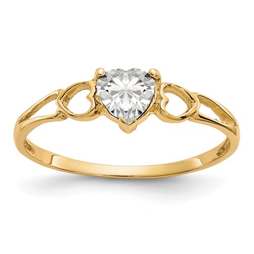 10K Yellow Gold Polished 5mm Heart Genuine April White Topaz Birthstone Ring, Size 7