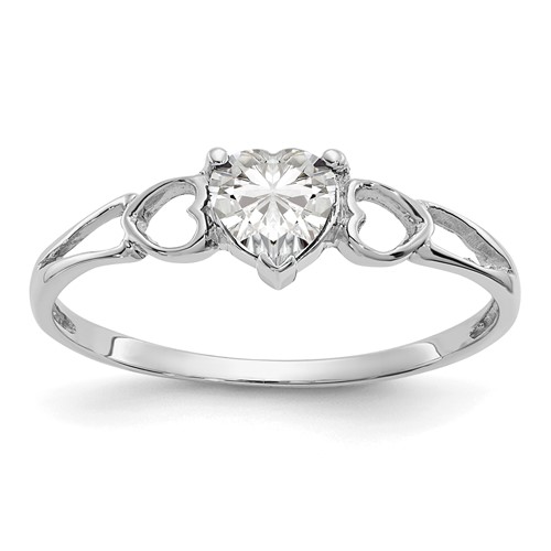 10K White Gold Polished 5mm Heart Genuine April White Topaz Birthstone Ring, Size 7