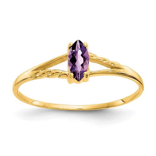 10K Yellow Gold Polished 6x 3mm Marquise Genuine February Amethyst Birthstone Ring, Size 7