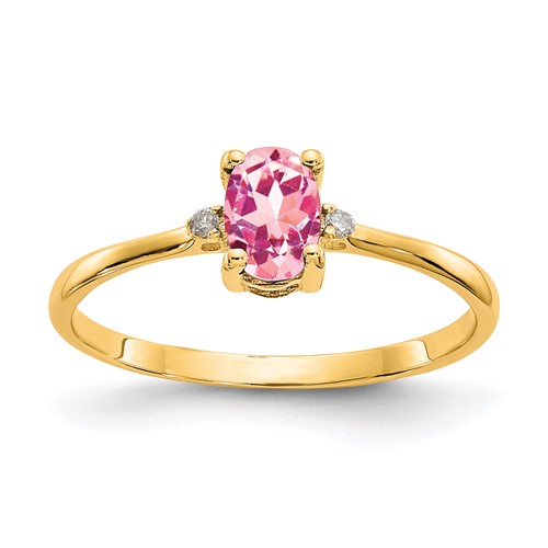 10K Yellow Gold Polished 6x 4mm Oval Genuine October Pink Tourmaline and Diamond Birthstone Ring, Size 7