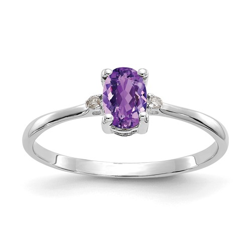 10K White Gold Polished 6x 4mm Oval Genuine February Amethyst and Diamond Birthstone Ring, Size 7