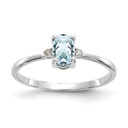 10K White Gold Polished 6x 4mm Oval Genuine March Aquamarine and Diamond Birthstone Ring, Size 7