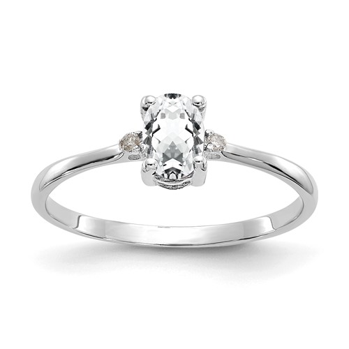 10K White Gold Polished 6x 4mm Oval Genuine April White Topaz and Diamond Birthstone Ring, Size 7