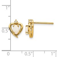 10K Yellow Gold 5x 3mm Oval Opal Cabochon and Diamond Heart Post Earrings view 4