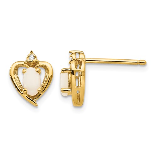 10K Yellow Gold 5x 3mm Oval Opal Cabochon and Diamond Heart Post Earrings
