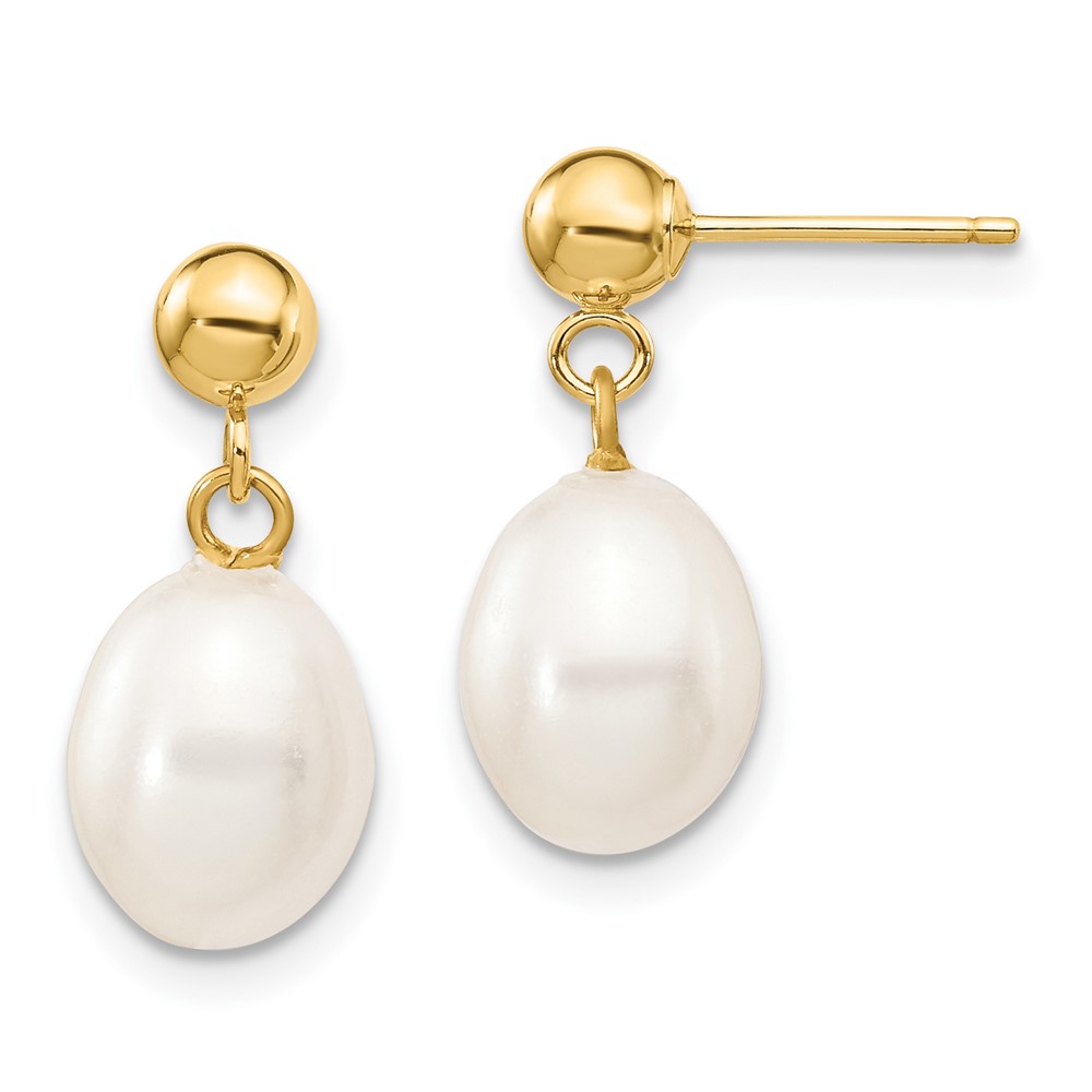 10k 7-8mm White Rice Freshwater Cultured Pearl Dangle Post Earrings (10XF251E)
