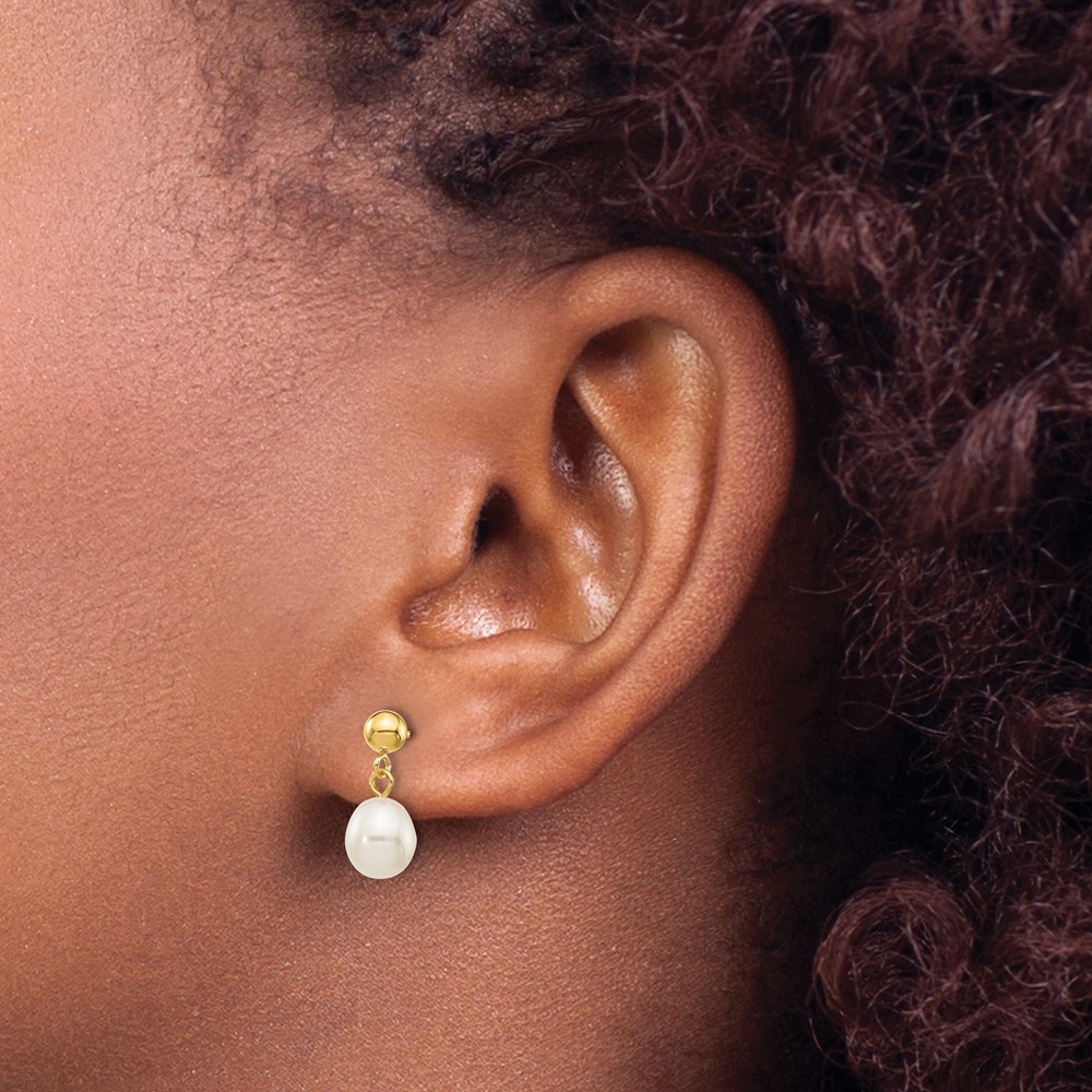 10k 6-7mm White Rice Freshwater Cultured Pearl Dangle Post Earrings (10XF252E)