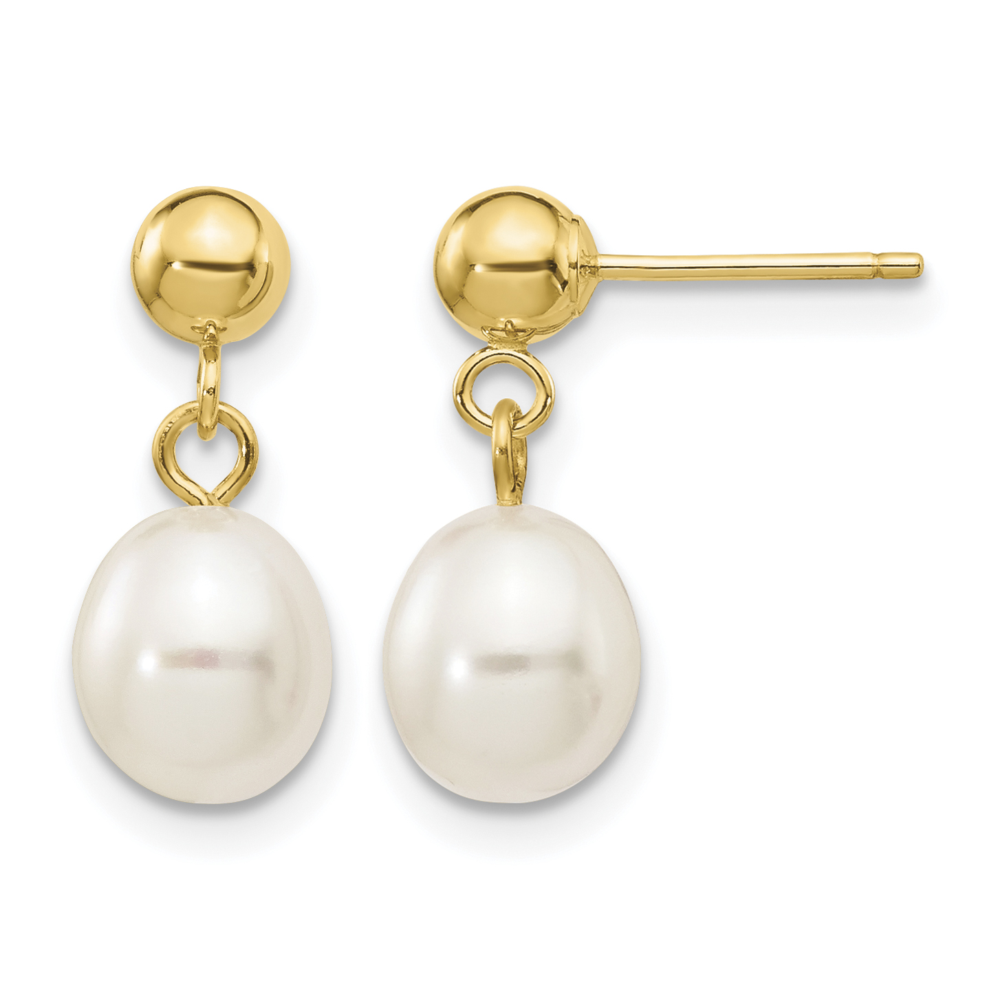 10k 6-7mm White Rice Freshwater Cultured Pearl Dangle Post Earrings (10XF252E)
