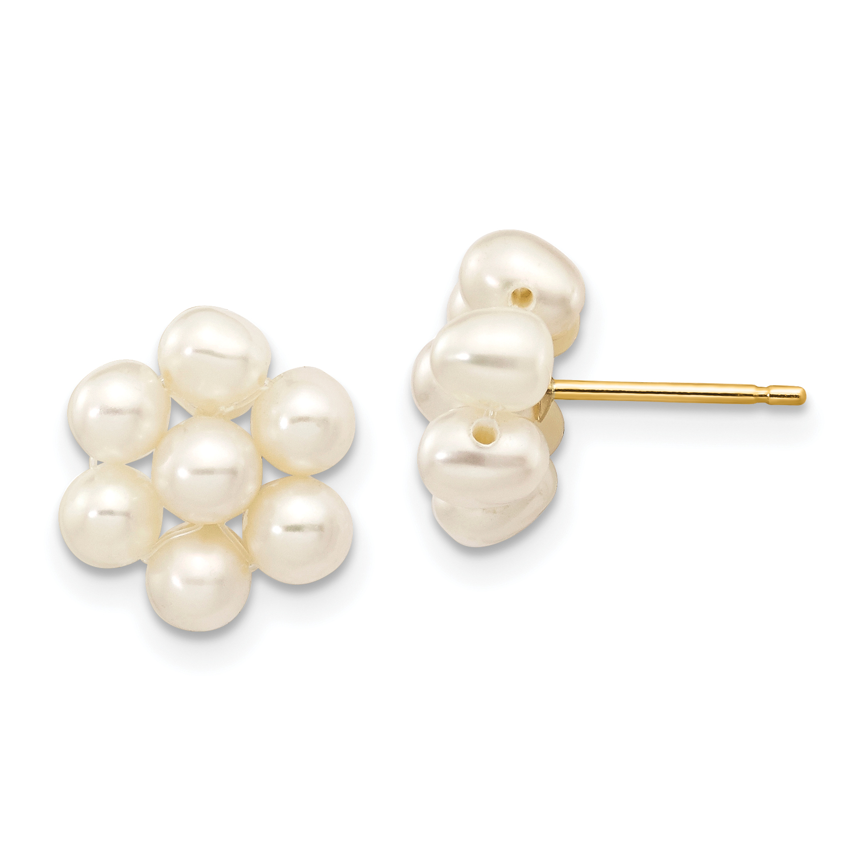 10k 3-4mm White Egg Freshwater Cultured Pearl Flower Post Earrings (10XF298E)