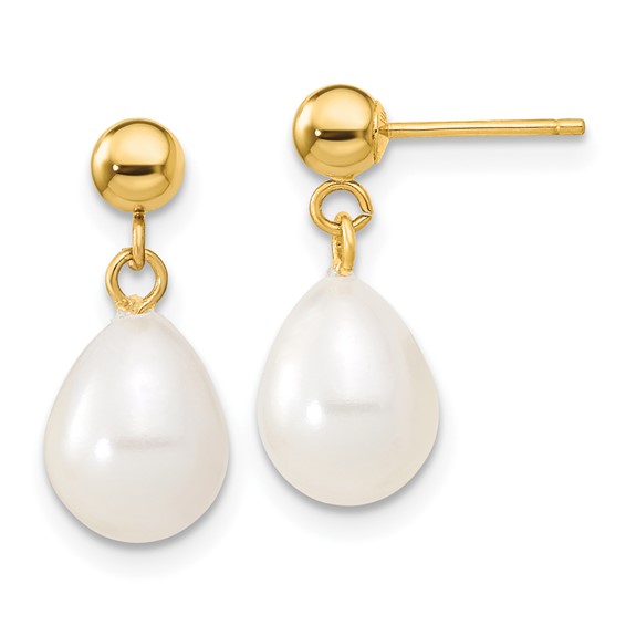 10k 7-8mm White Rice Freshwater Cultured Pearl 18 inch Necklace and Bead Post Dangle Earring Set