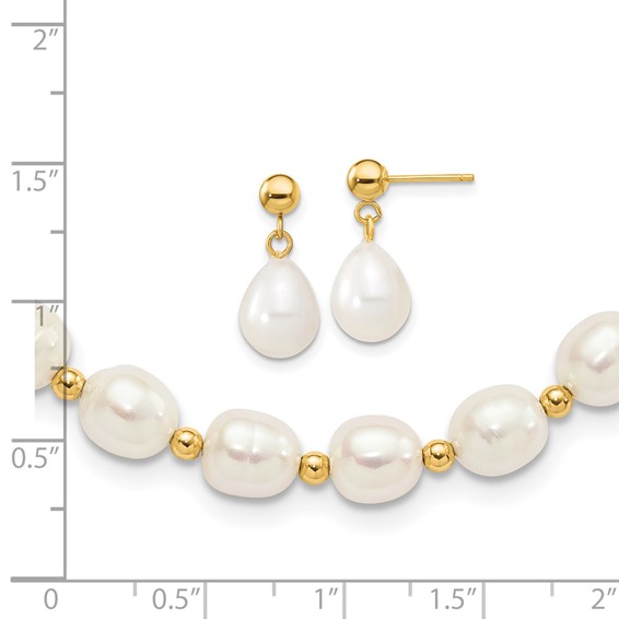 10k 7-8mm White Rice Freshwater Cultured Pearl 18 inch Necklace and Bead Post Dangle Earring Set
