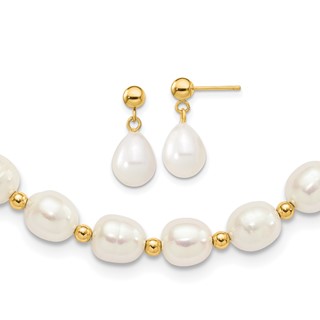 10k 7-8mm White Rice Freshwater Cultured Pearl 18 inch Necklace and Bead Post Dangle Earring Set