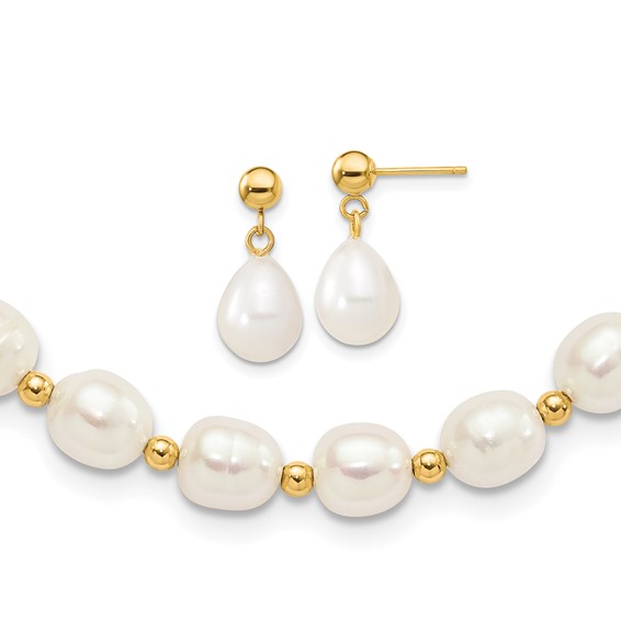 10k 7-8mm White Rice Freshwater Cultured Pearl 18 inch Necklace and Bead Post Dangle Earring Set