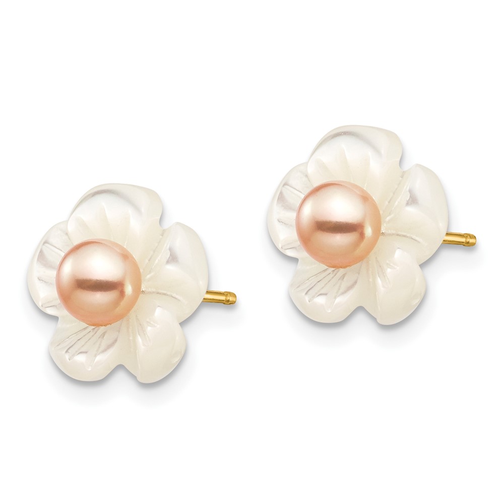 10k 3-4mm Pink Freshwater Cultured Pearl with 10mm Mother of Pearl Flower Post Earrings (10XF592EP)